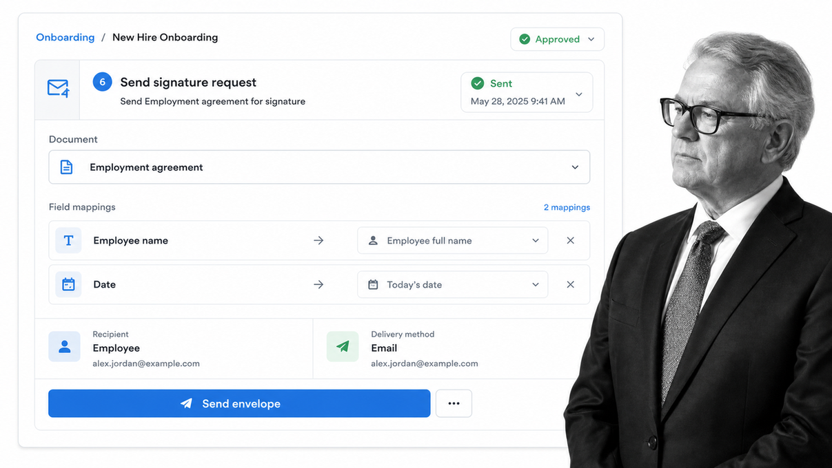 Route an employment agreement for signature from an onboarding workflow