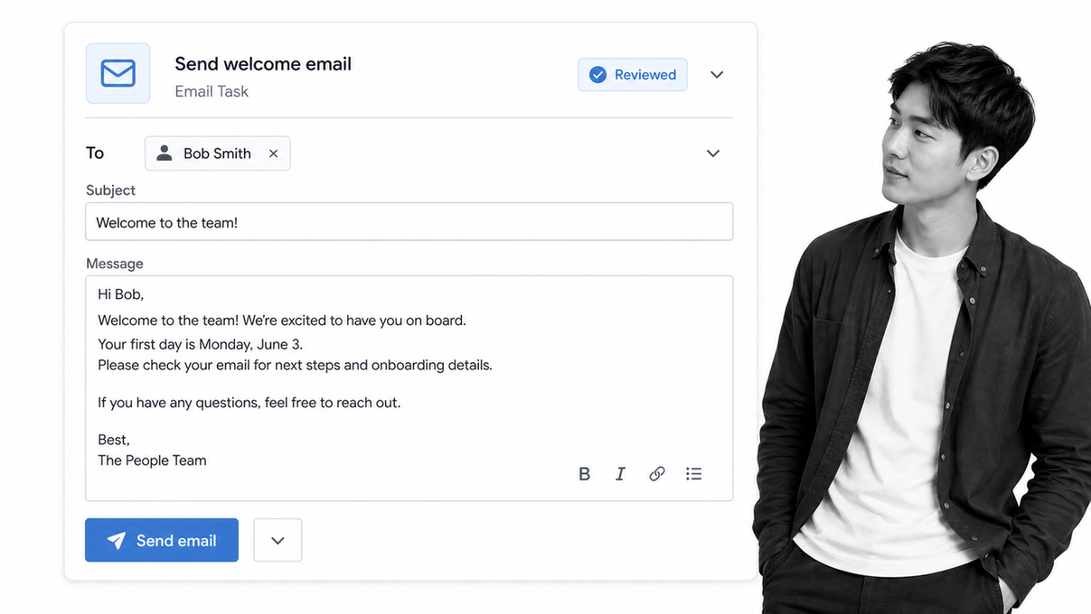Send a personalized welcome email from an onboarding task