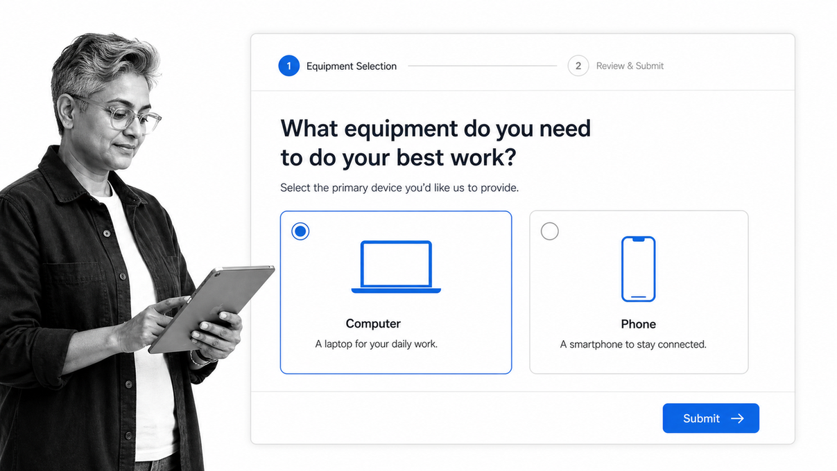 Collect new-hire equipment choices through a limited-access task