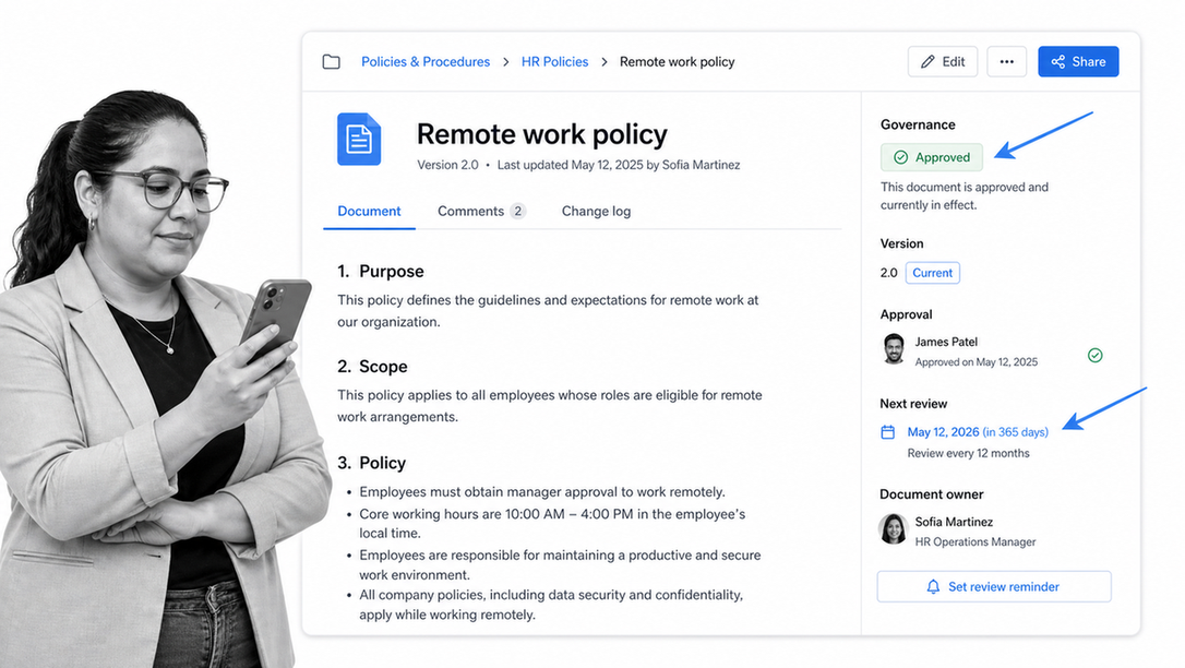 Govern a remote-work policy with ownership and review controls