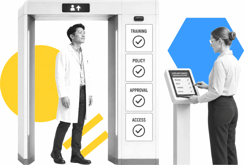 A compliance manager reviews a regulated onboarding path with training, policy, approval, and access checkpoints.
