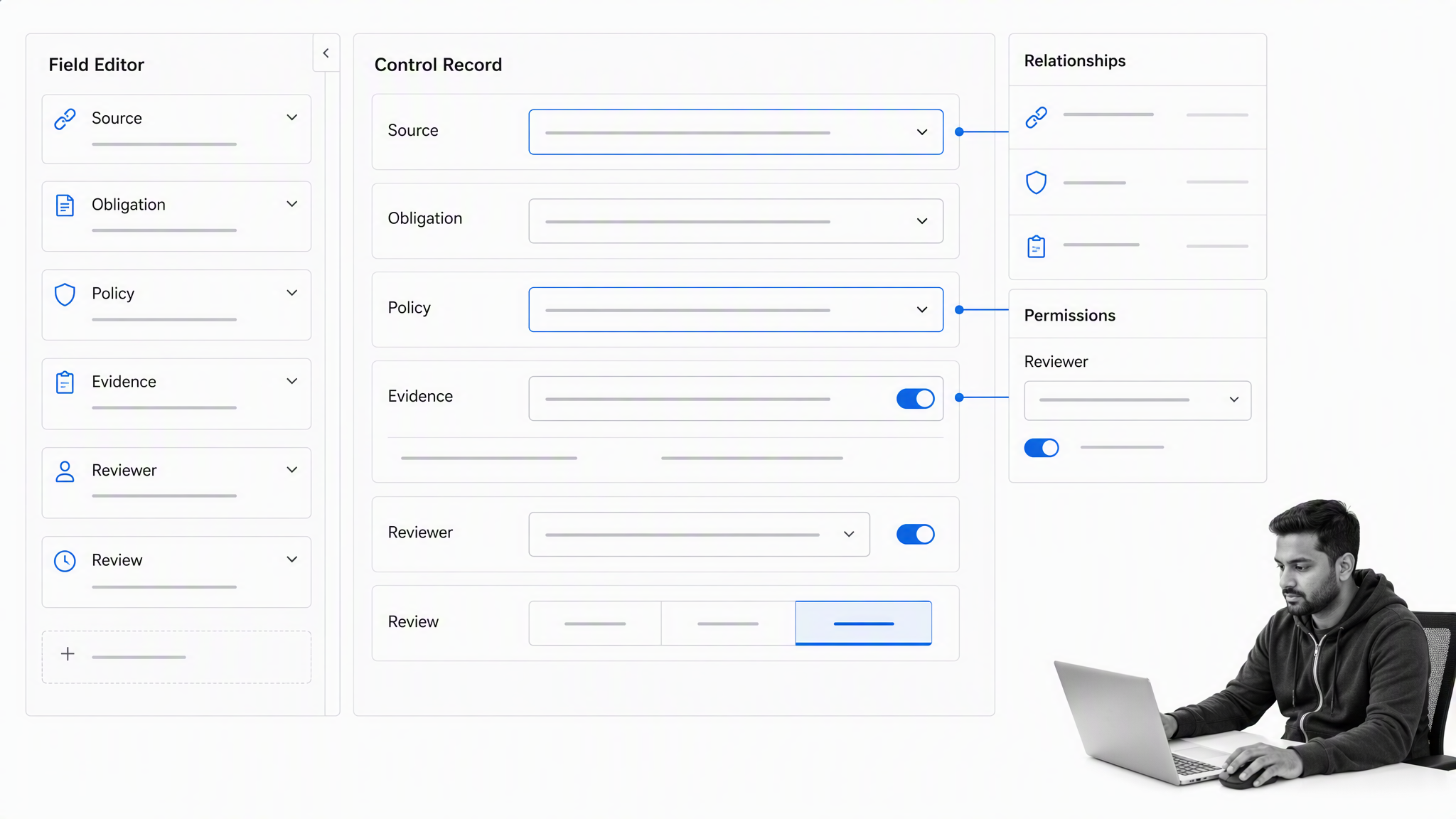 Archer Evolv enterprise GRC platform showing the selected control record being configured to connect its source obligation, policy relationship, assurance evidence requirement, reviewer permission, and review state