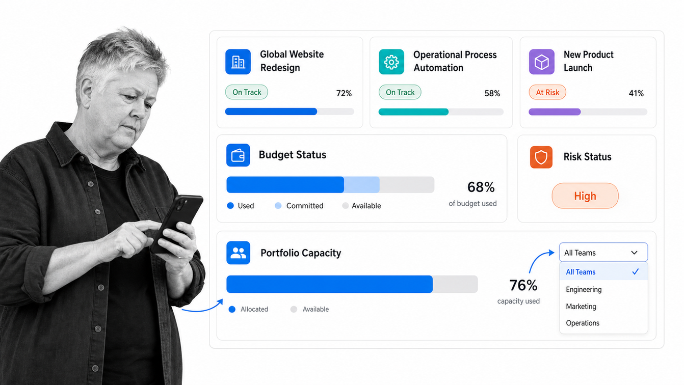 Zoho Projects portfolio dashboard with budgets, risks, and capacity