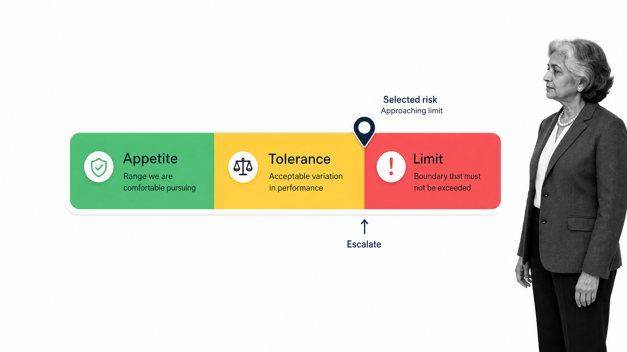 Risk appetite, tolerance, and limit shown as distinct governance thresholds