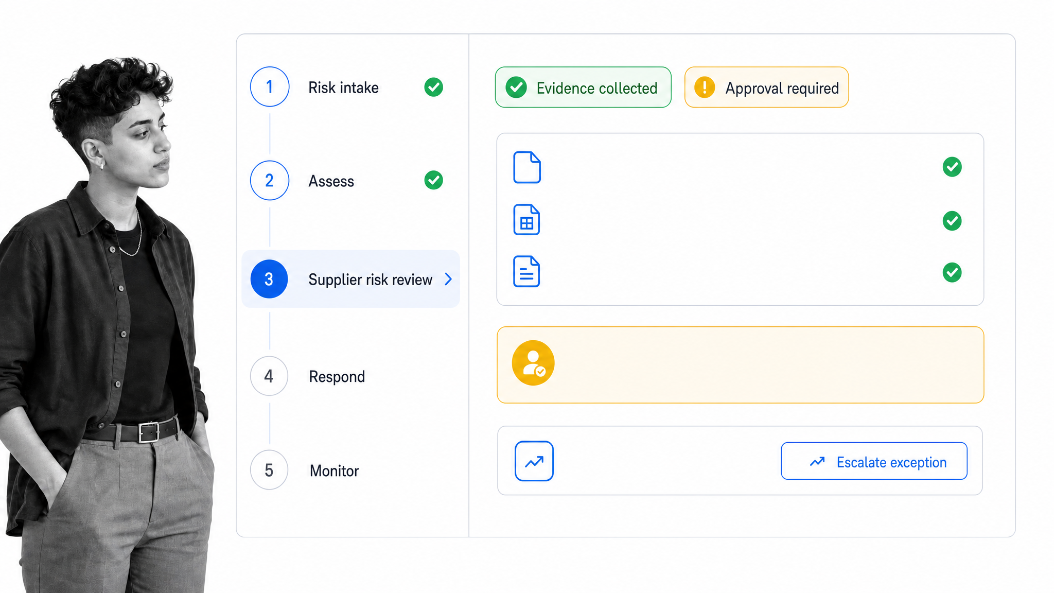 Process Street workflow for supplier risk review, control evidence, approval, escalation, and monitoring