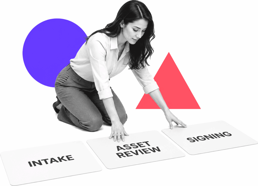 Estate-planning paralegal arranging labeled intake, asset review, and signing workflow markers.