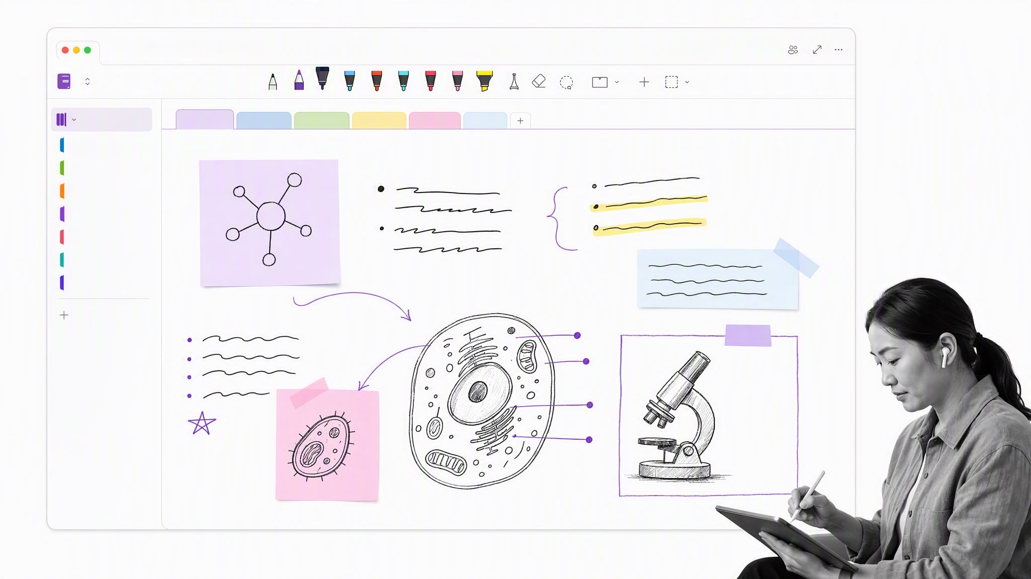 Free-form Microsoft OneNote notebook with pages, tabs, and handwriting tools