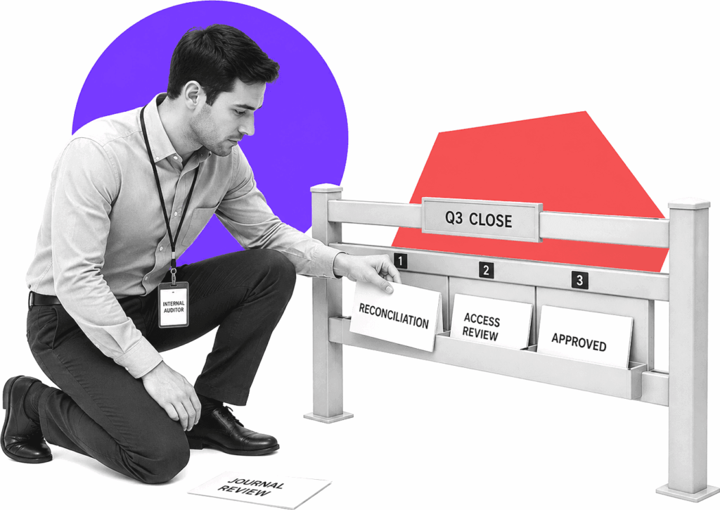 Internal auditor kneeling to file labeled evidence cards into a control rail.