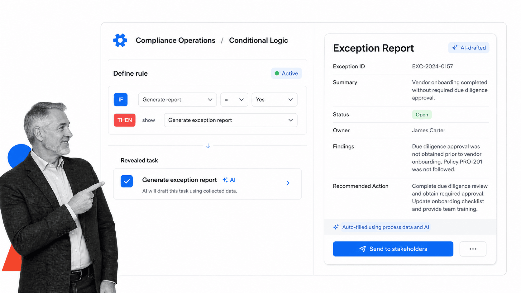Process Street conditional logic revealing a step where built-in AI drafts the exception report document to send to stakeholders