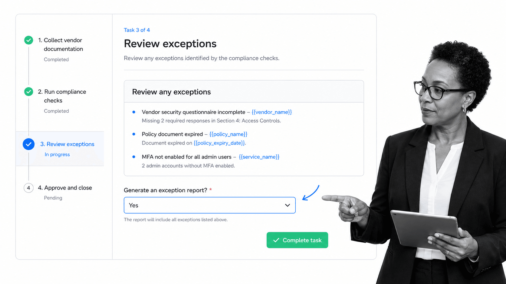 Process Street review task collating exceptions via variables with a dropdown to decide whether to generate an exception report