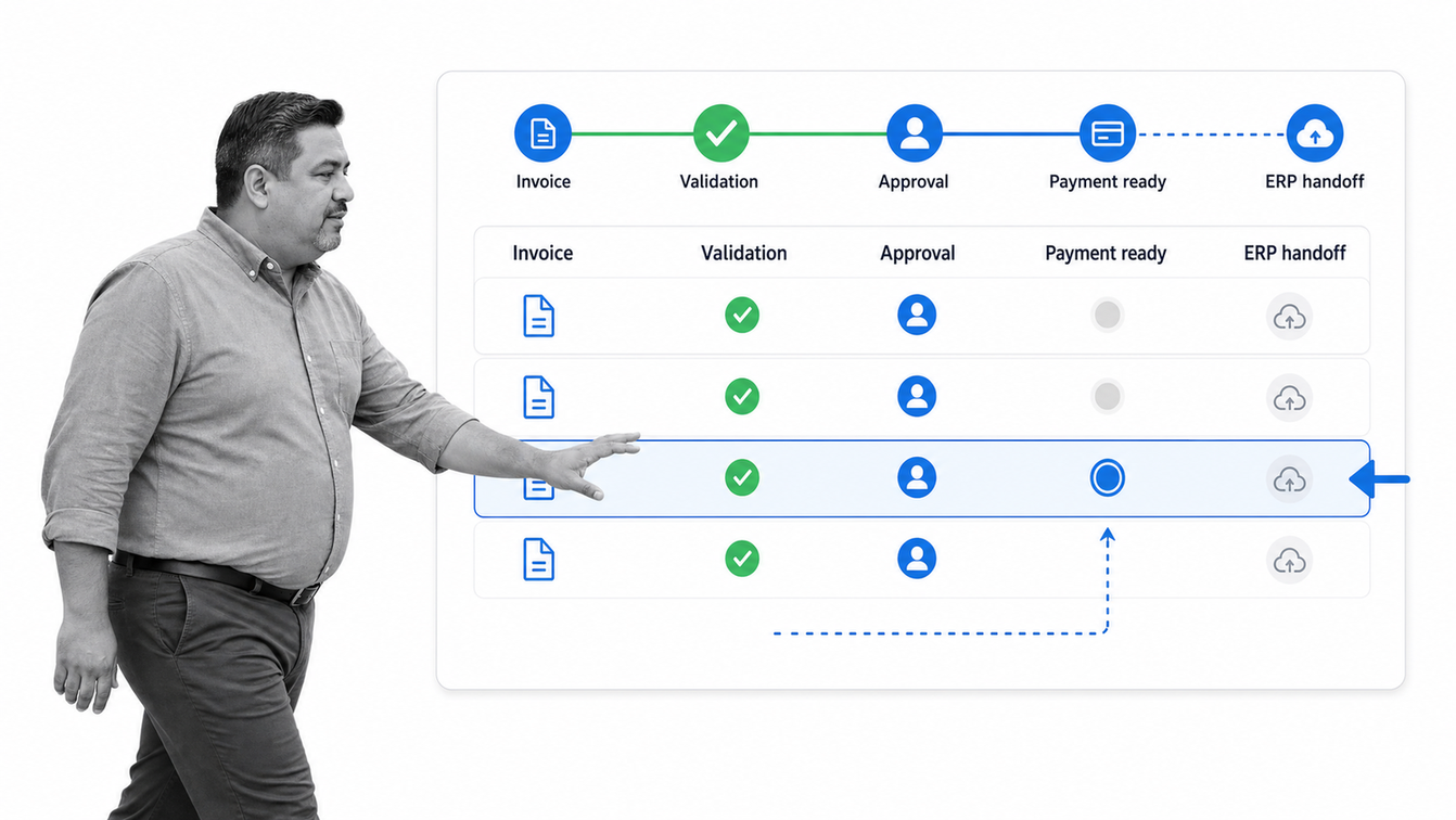 Tipalti finance tool interface showing a supplier invoice moving through validation, delegated approval, payment readiness, and ERP handoff