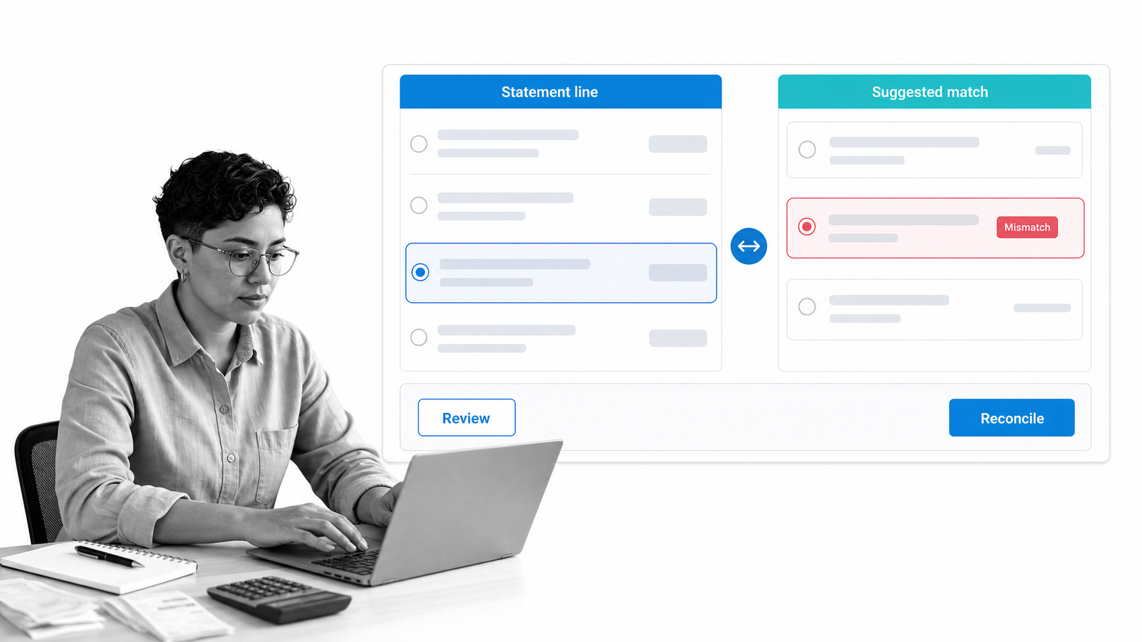 Xero finance tool interface showing a bank reconciliation surface matching statement lines to accounting transactions with one selected exception