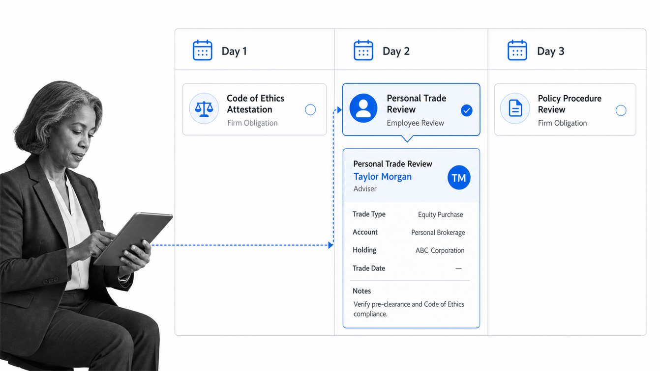 COMPLY financial services compliance calendar with code-of-ethics, policy, and employee trade-review tasks.