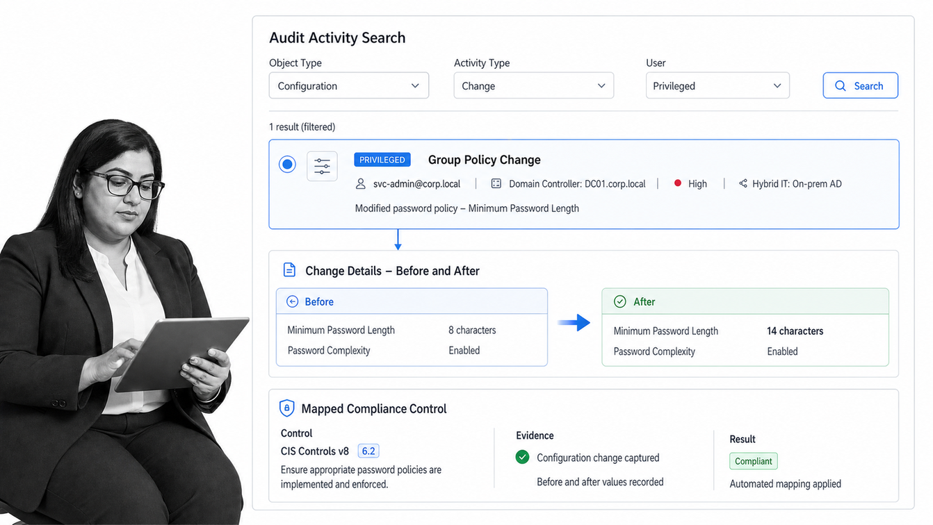 Netwrix audit event showing privileged access, a configuration change, and mapped compliance evidence.
