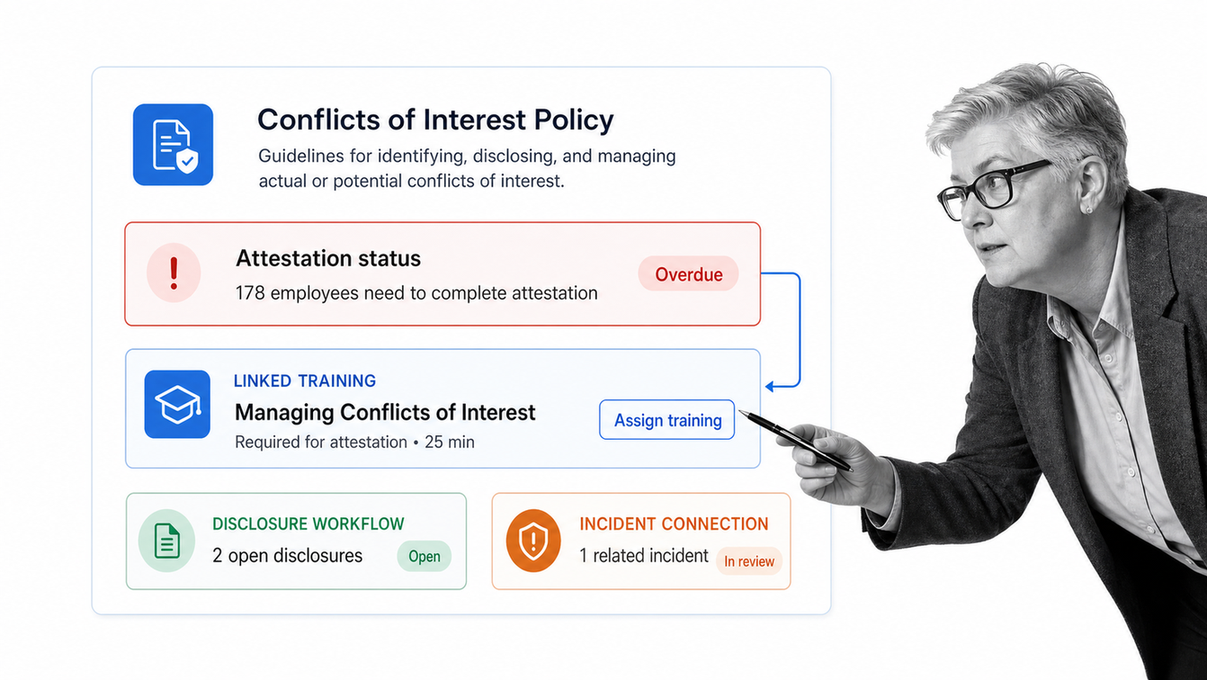 SAI360 policy center connecting employee attestations, training, disclosures, and incidents.