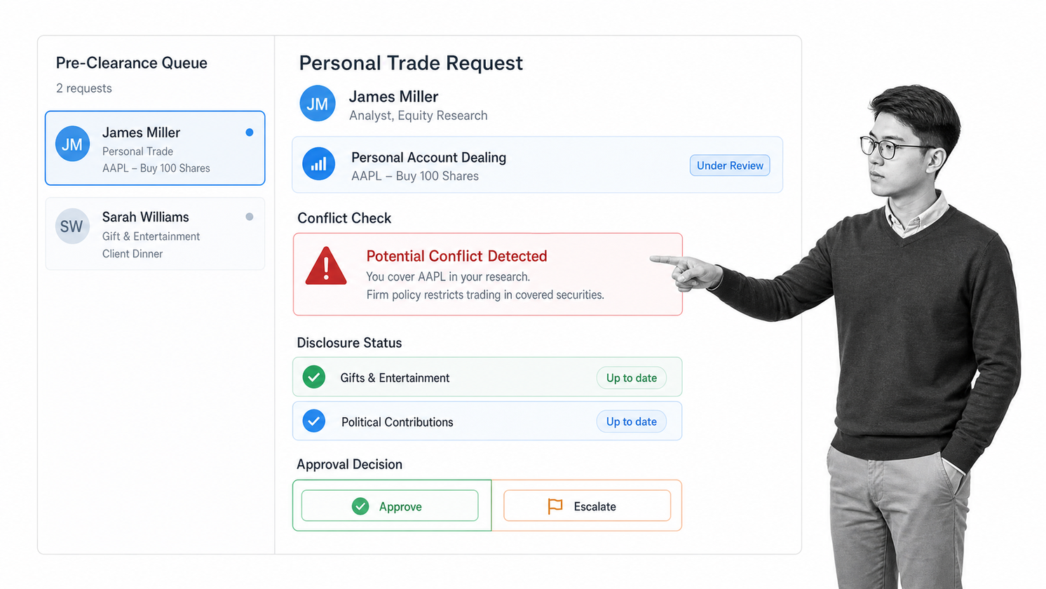 StarCompliance employee trade pre-clearance record with conflicts, disclosures, and approval status.