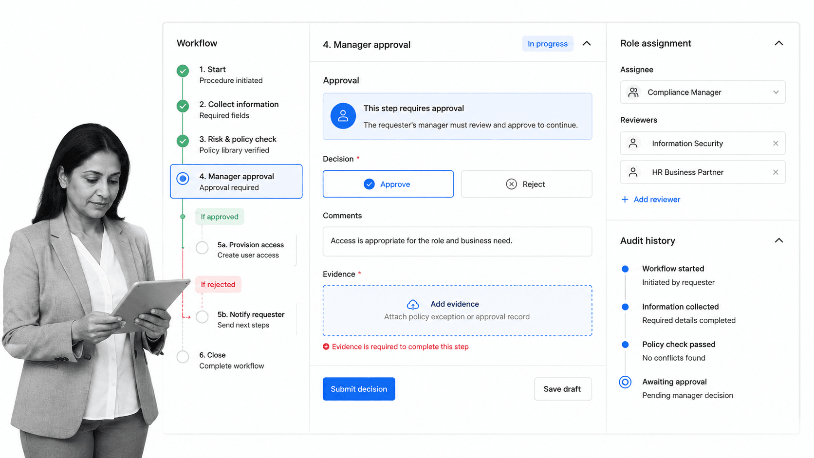 Process Street workflow run with required steps, approval, evidence, conditional route, and audit history