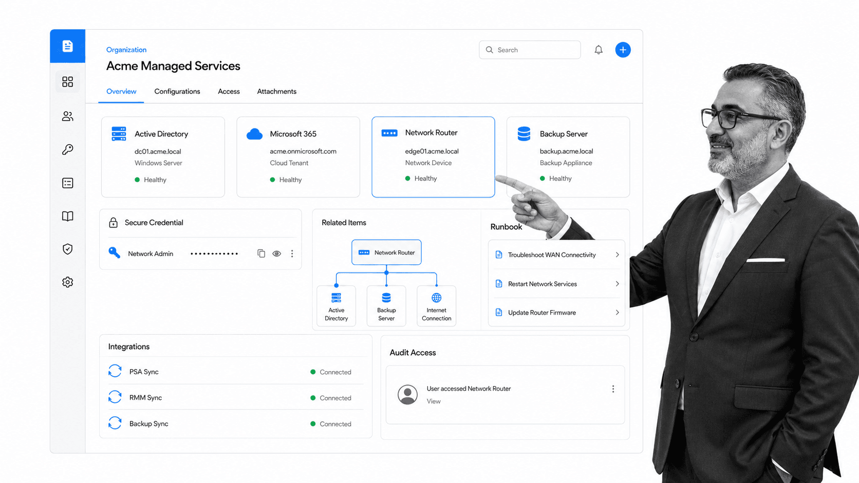 IT Glue structured IT organization record with secure credential and runbook panels