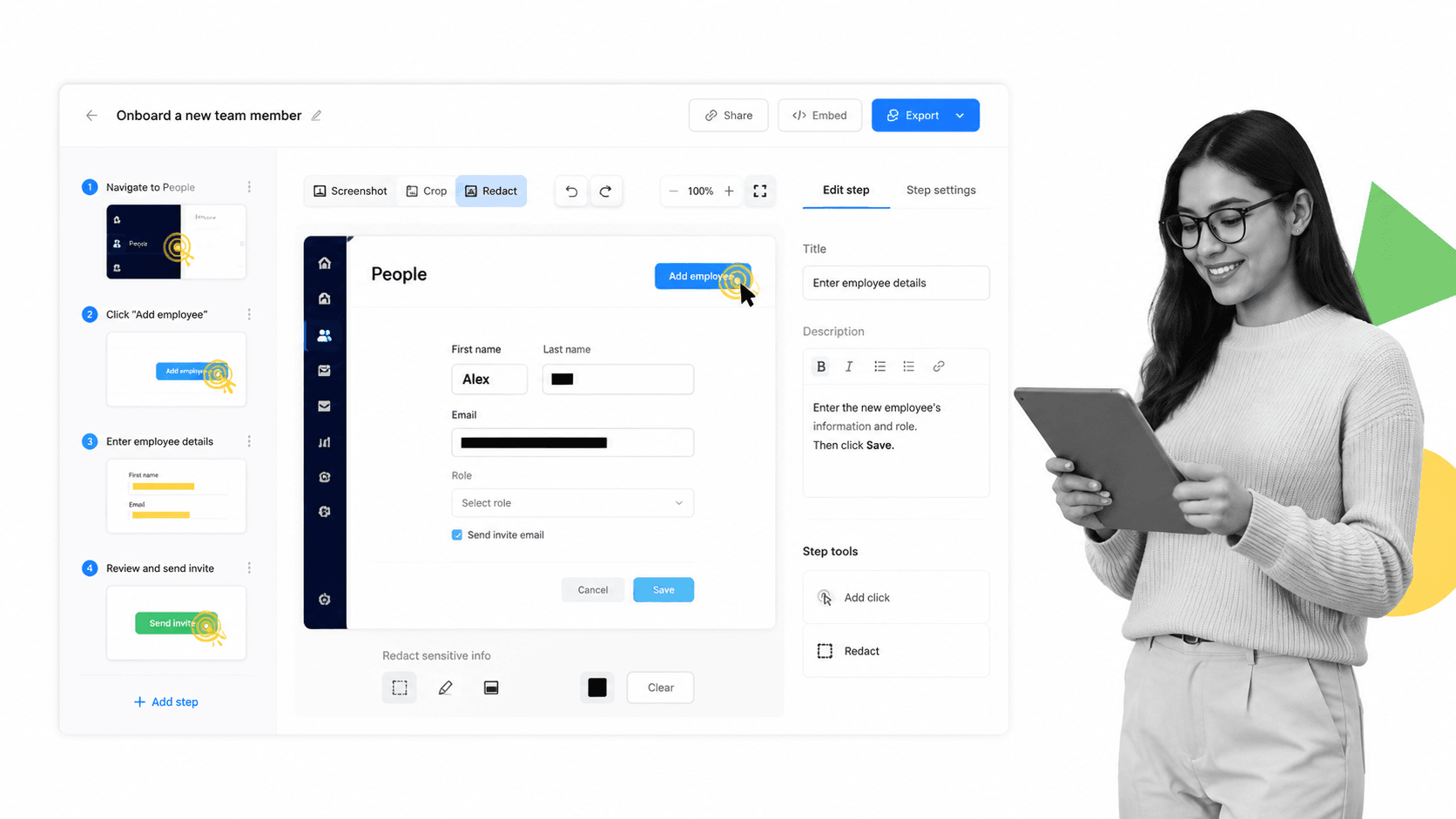 Scribe captured step-by-step guide editor with click targets and redaction
