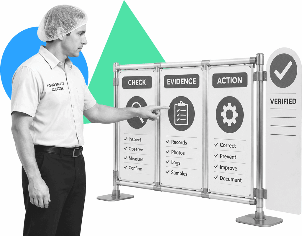A food safety auditor examines a labeled inspection station with evidence and corrective action markers.
