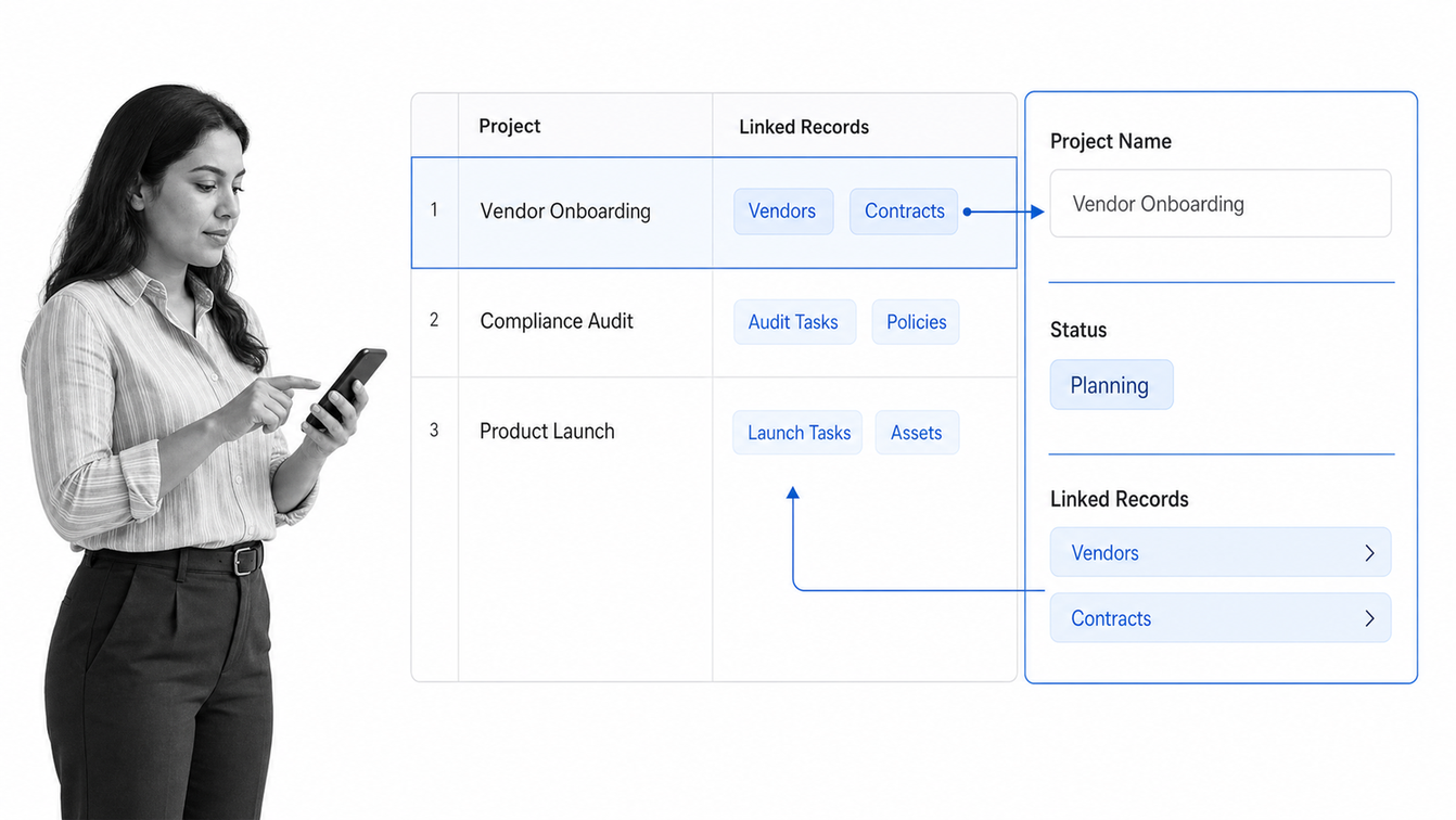 Airtable project base with structured fields, linked records, and an expanded project item