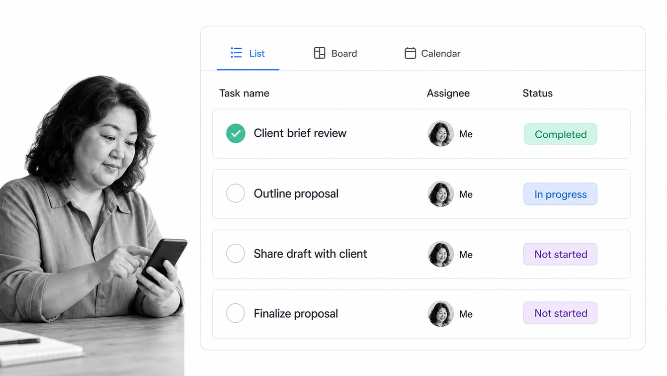 Asana personal project list with task owners, due dates, and project status