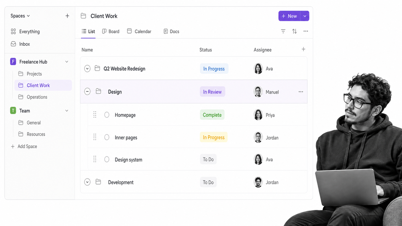 ClickUp workspace with nested project tasks, custom statuses, and multiple planning views