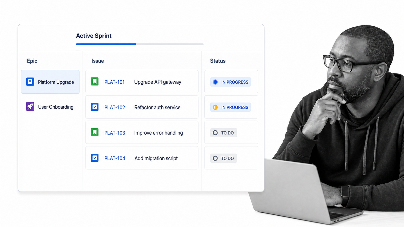Jira software backlog with epics, issue keys, and an active sprint board