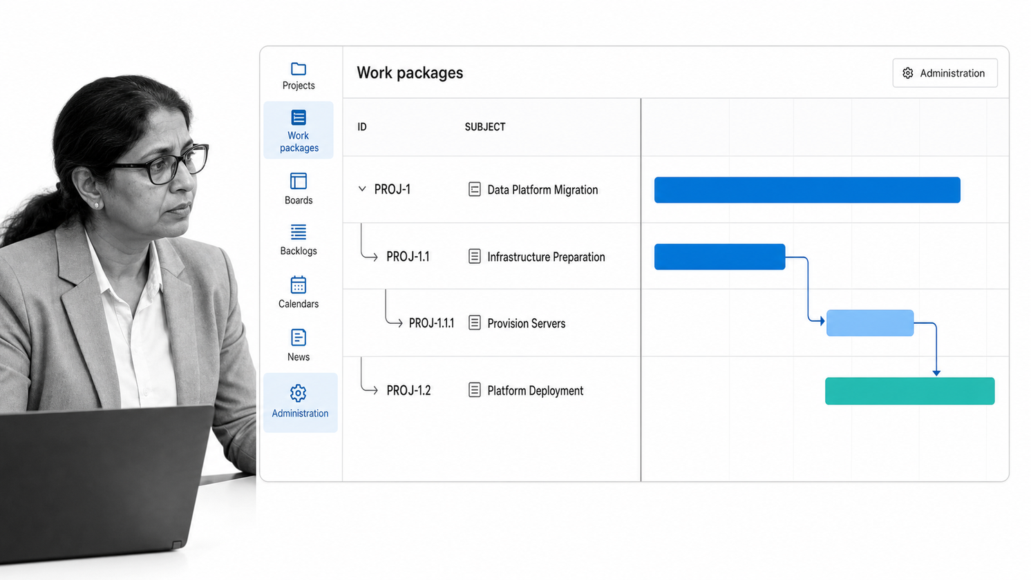 OpenProject work packages and Gantt timeline in a self-hosted project workspace