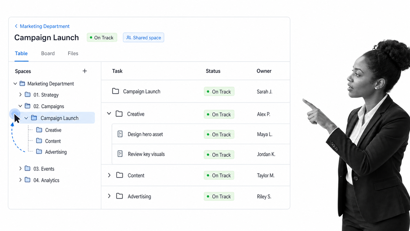 Wrike project space with folder hierarchy, tasks, subtasks, and board view