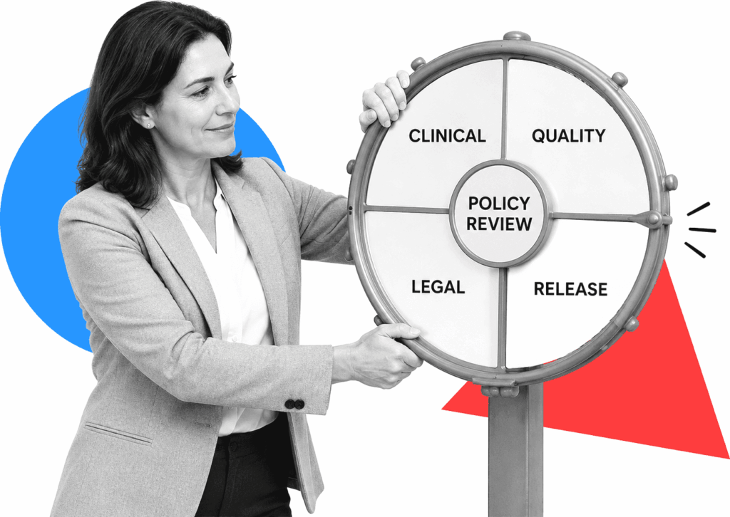 A healthcare clinical governance director turns a policy review wheel with clinical, quality, legal, and release stages.