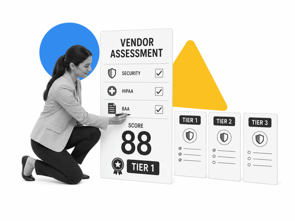 Illustration of a healthcare compliance analyst scoring a vendor on a security, HIPAA, and BAA assessment card with three risk tiers.