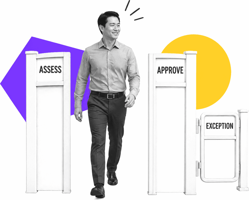 A healthcare compliance lead steps through gates labeled Assess and Approve beside a closed Exception gate.