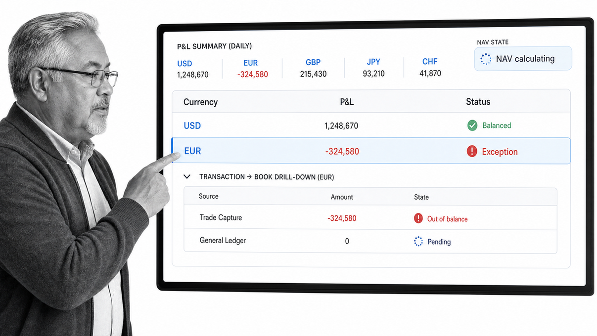 SS&C Advent Geneva-style accounting dashboard showing multi-currency P&L, exposure, a currency exception, and NAV status