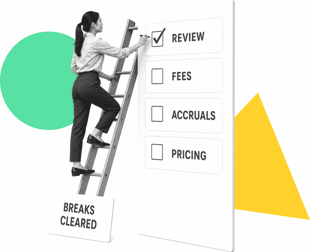 An operations analyst climbing a ladder to tick off the top step of a labeled fund close checklist.