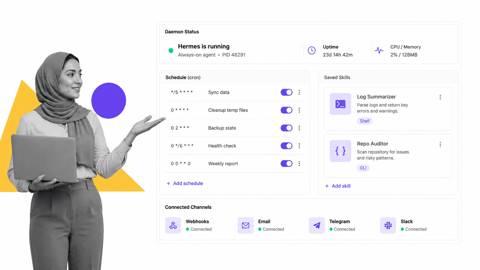 Hermes open-source agent running an always-on task - Hyperagent alternative
