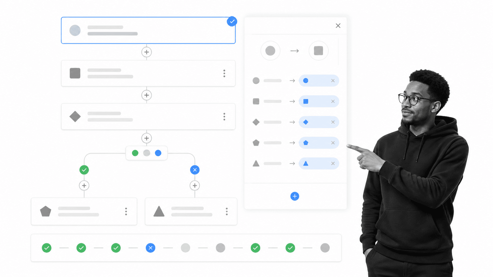 Zapier vertical multi-step automation editor showing a selected trigger, linked actions, two-way path split, mapping tokens, and run history