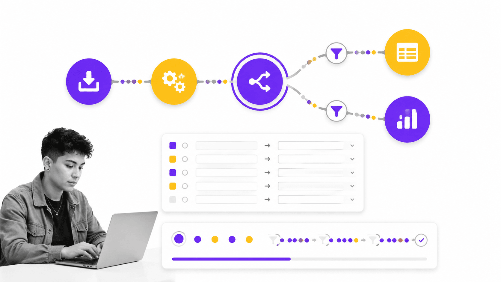 Make five circular modules on a curved scenario canvas with one router split, two filter gates, a mapping panel, and execution strip