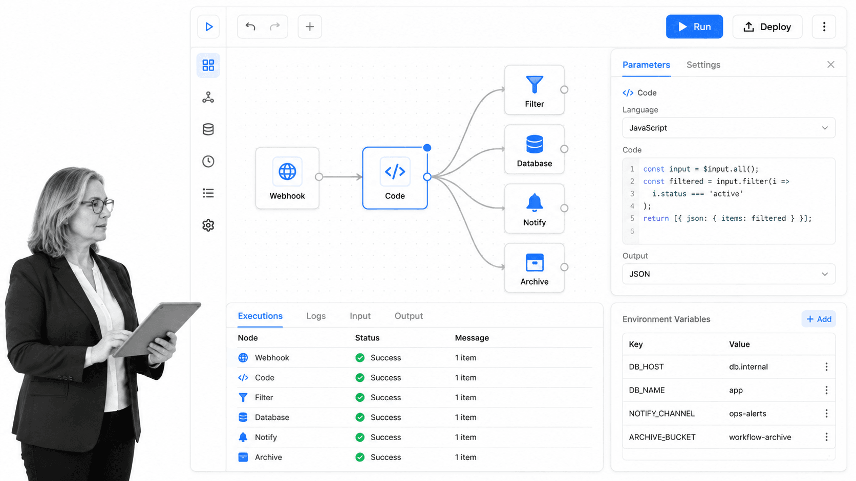 n8n webhook-to-code node workflow with generic Filter, Database, Notify, and Archive branch nodes, execution log, and environment variables
