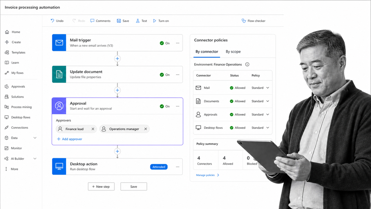 Microsoft Power Automate cloud flow with approval card, desktop-flow handoff, and connector policy panel