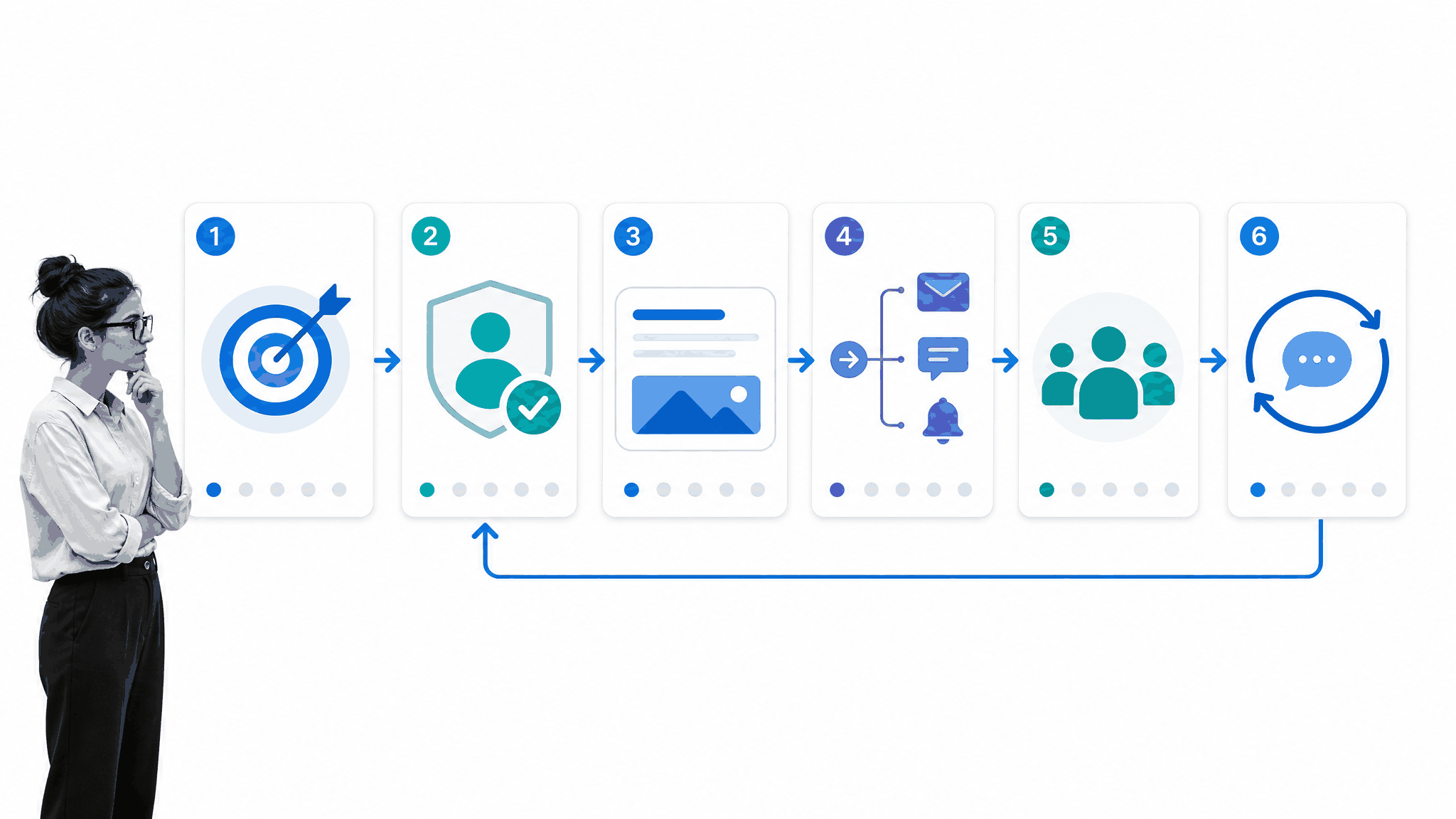 Six-stage communication plan flow from goals and audience to message, channels, stakeholders, and feedback