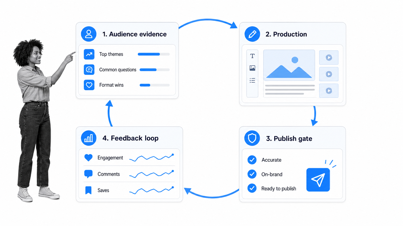 Audience evidence moving through production, approval, publishing, and a content feedback loop