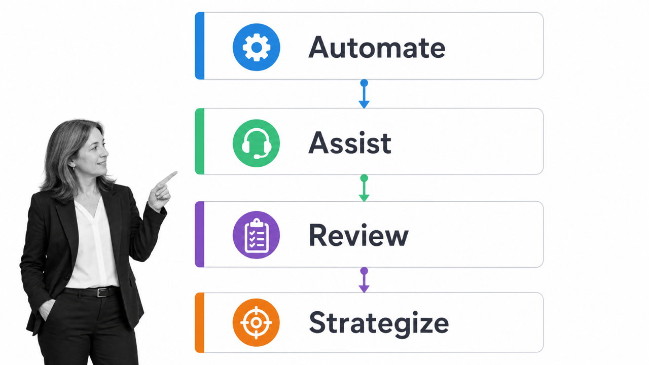 Four execution levels route work through automation, assistance, review, and strategy