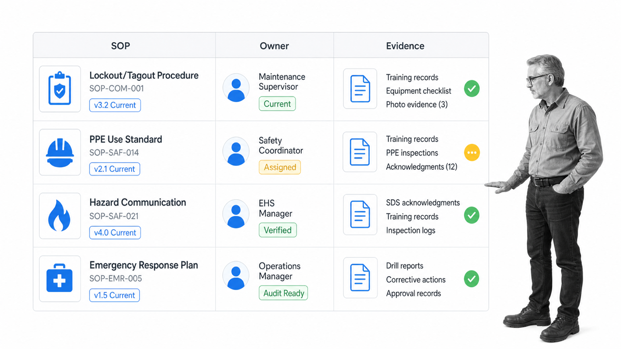 Workplace safety SOP control matrix connecting owners, evidence, and audit-ready records