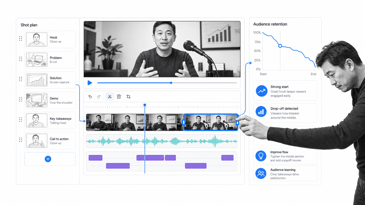 Video creator editing a planned episode and reviewing audience retention