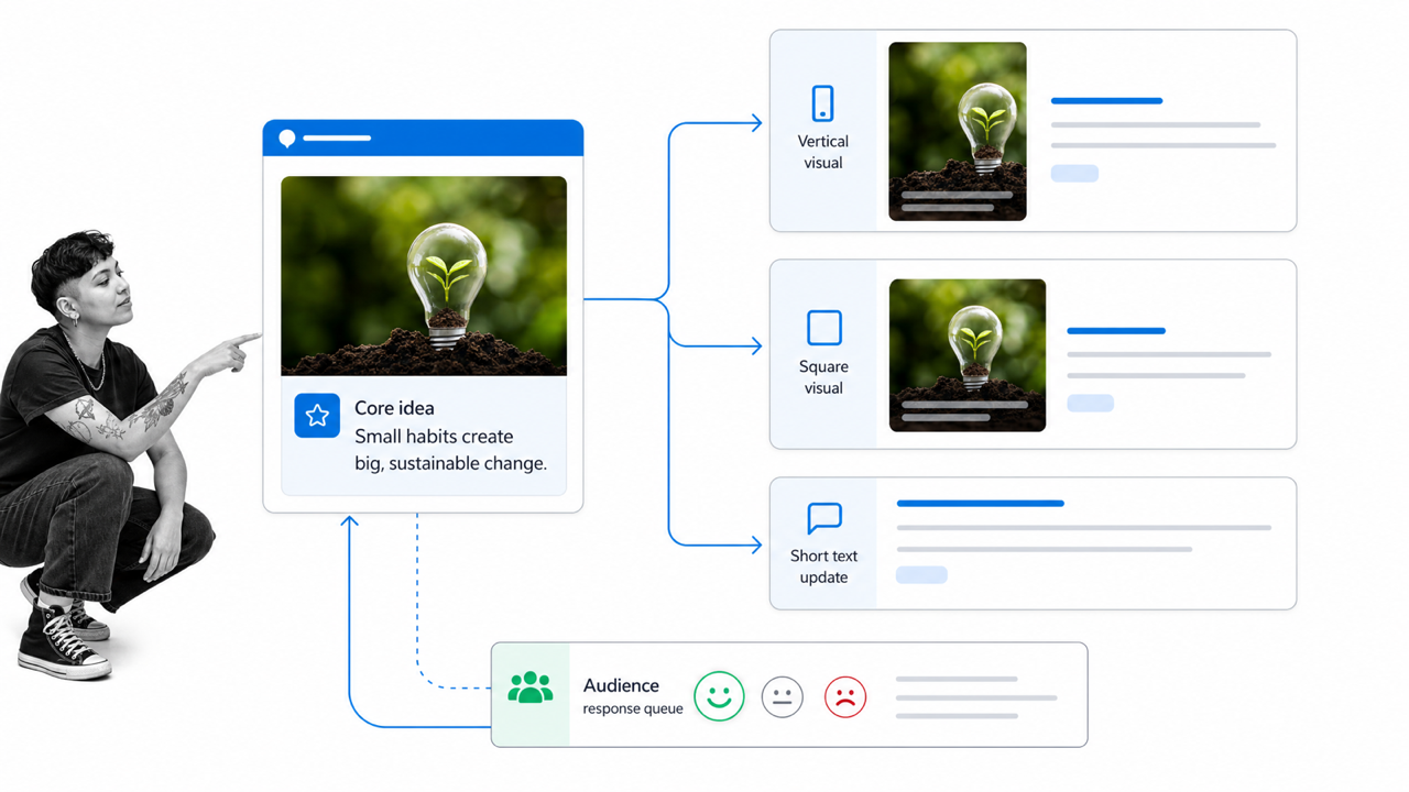 One content idea adapted into visual and text-led social formats with audience feedback