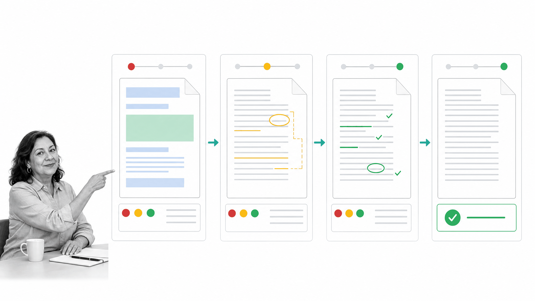 A manuscript moving through structural editing, line editing, proofing, and approval