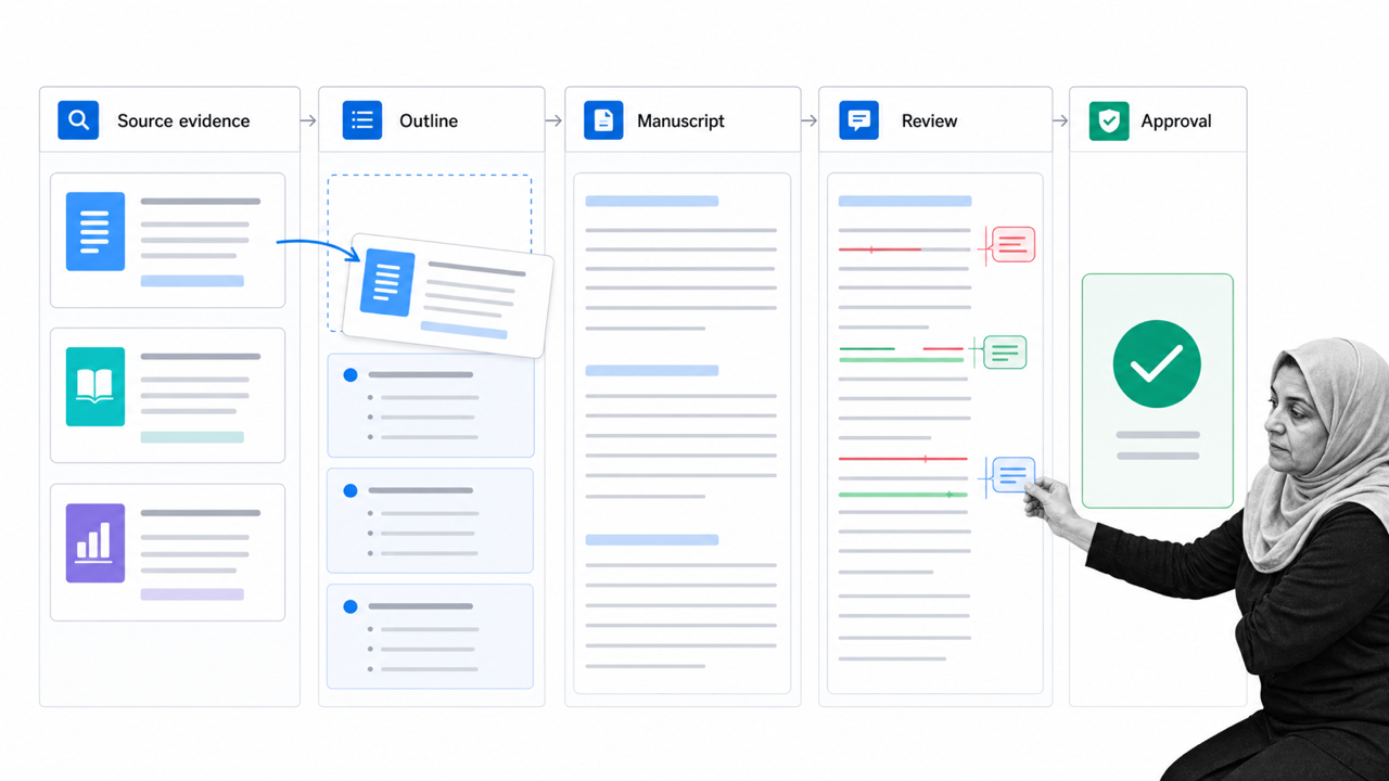 Source evidence moving through outline, manuscript, review, and approval