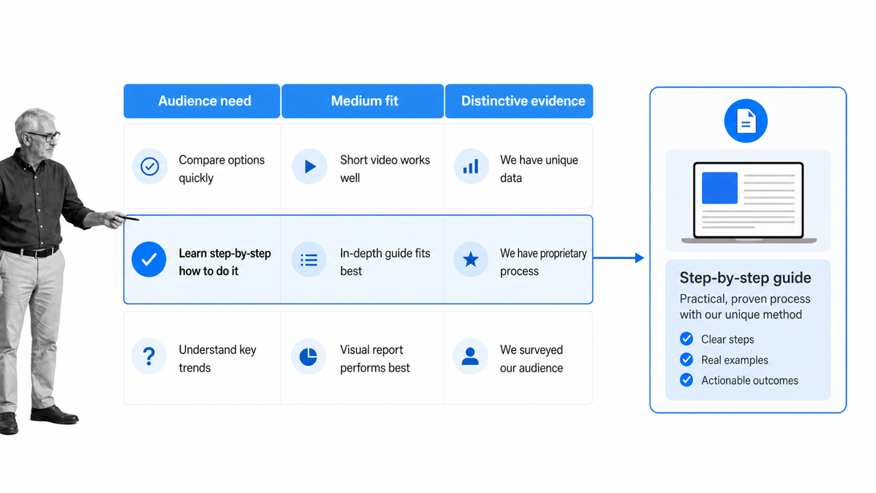 Audience need, medium fit, and distinctive evidence selecting the strongest content concept