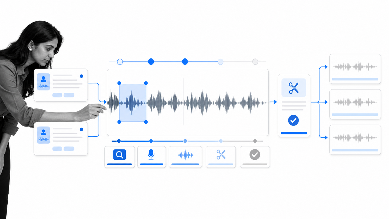 Podcast guest research moving through recording, editing, approval, and unbranded distribution